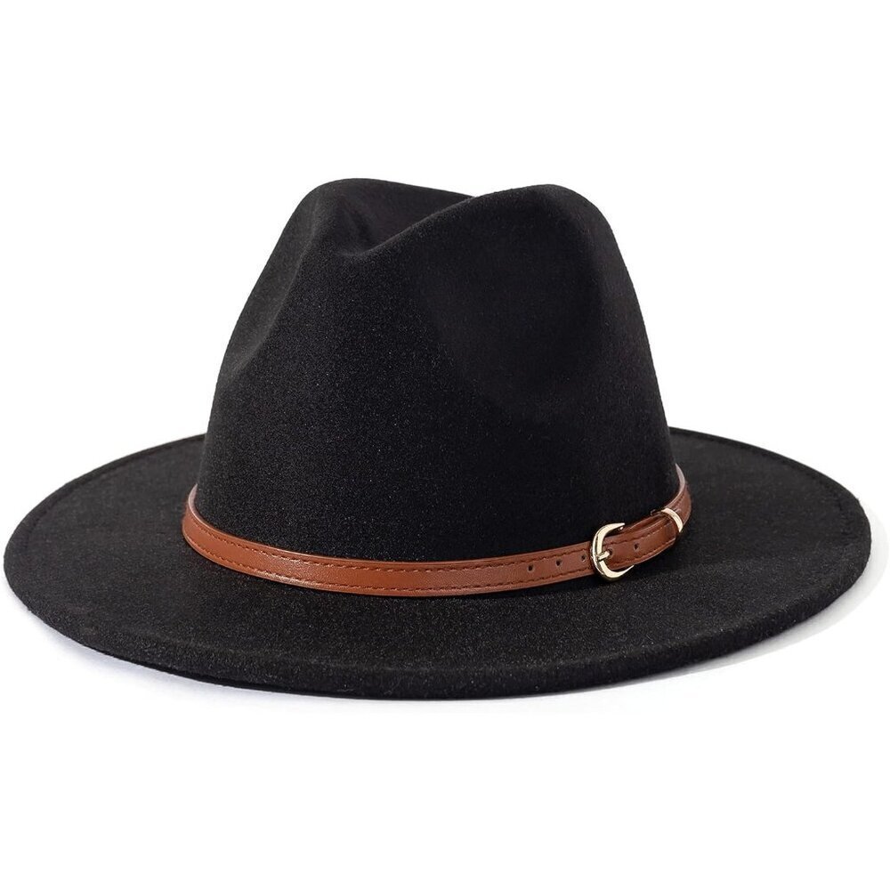 🔥 Lisianthus Classic Felt Fedora Women Black Wide Brim Fashion Belt Buckle Hats